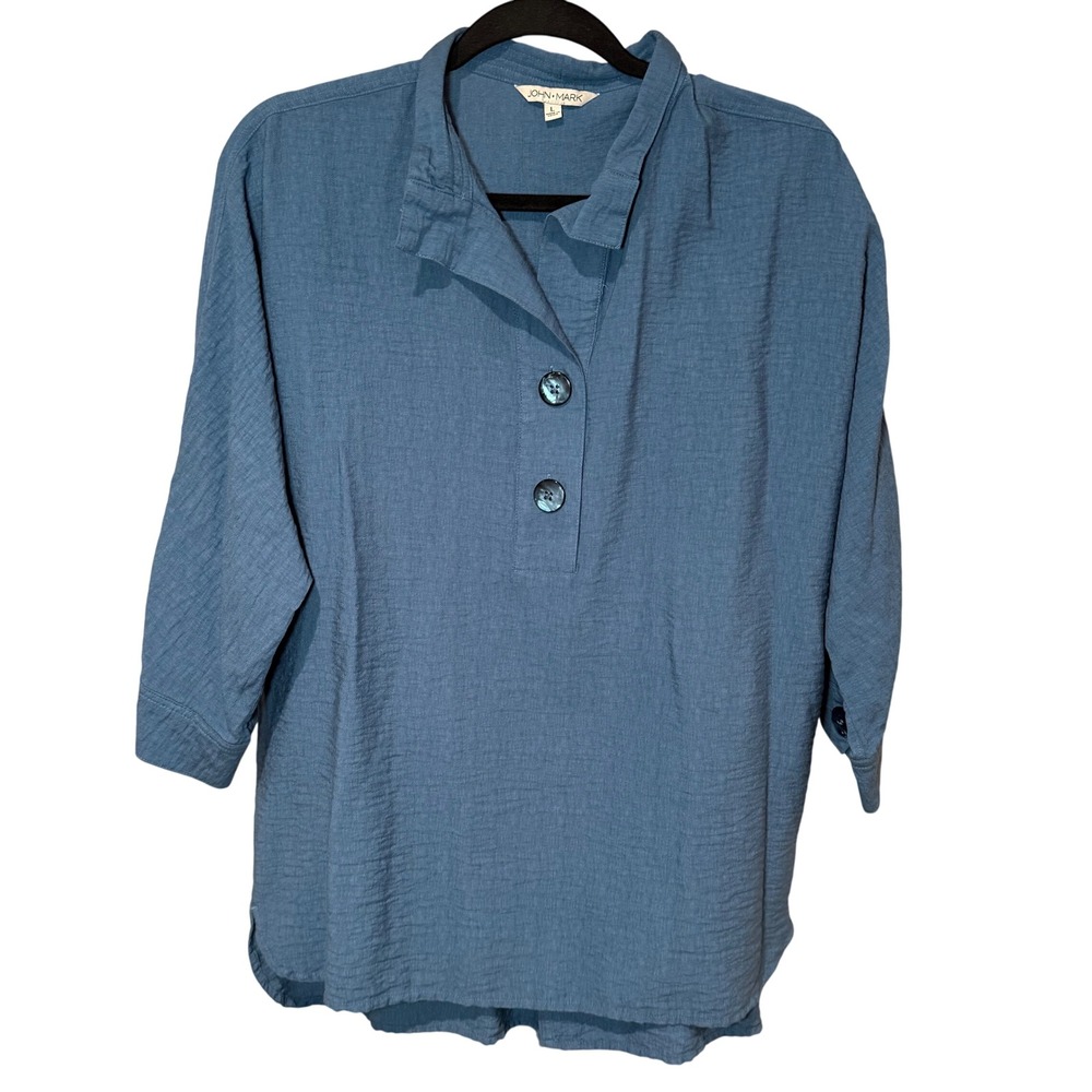 John Mark Pullover Button Blouse Tunic Oversized Lagenlook Blue Size Large